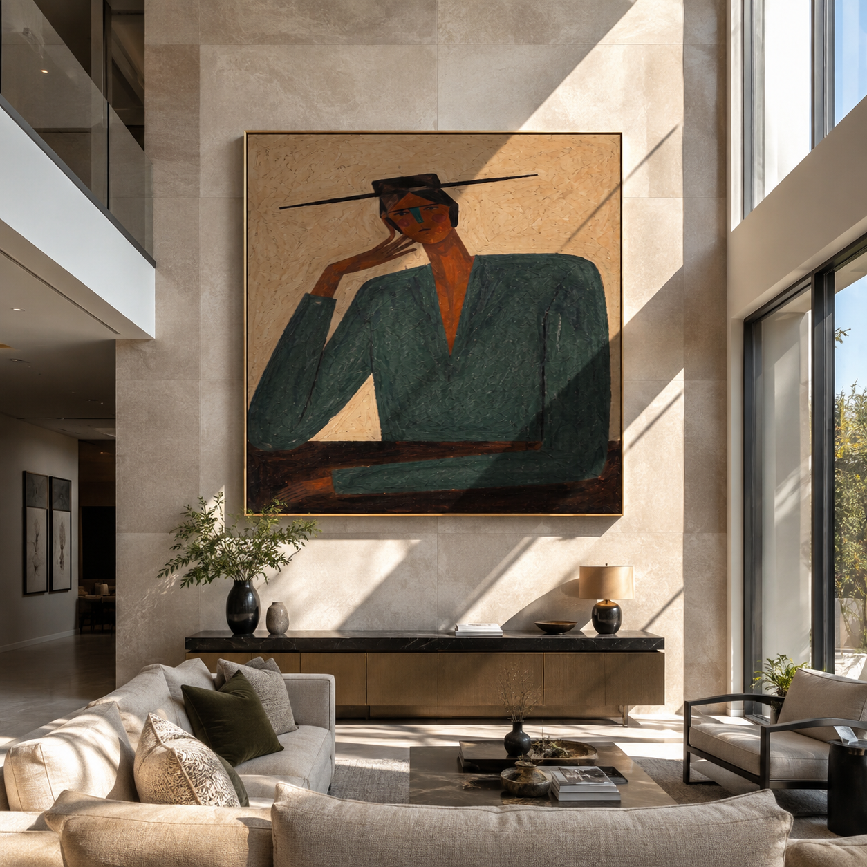 Green Shoulders Frame Thought - green suit seated figure by Marcus Lau, Retro Modern square wall art – styled room scene view 2