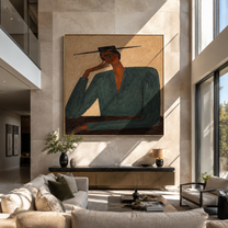 Green Shoulders Frame Thought - green suit seated figure by Marcus Lau, Retro Modern square wall art – styled room scene view 2