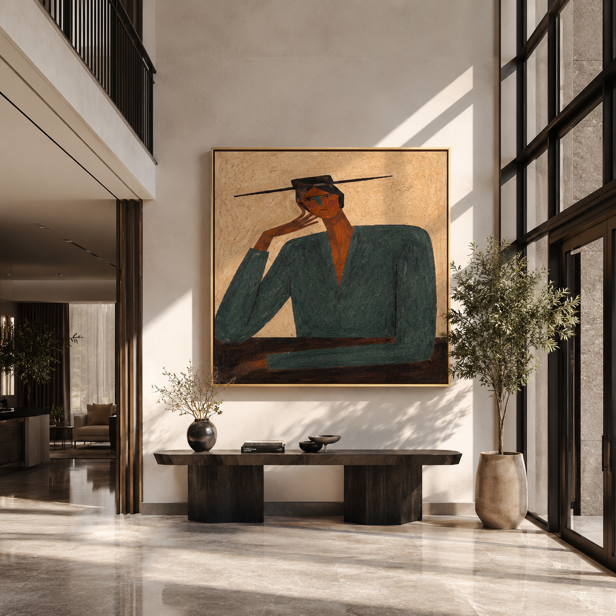 Green Shoulders Frame Thought - green suit seated figure by Marcus Lau, Retro Modern square wall art – styled room scene view 3