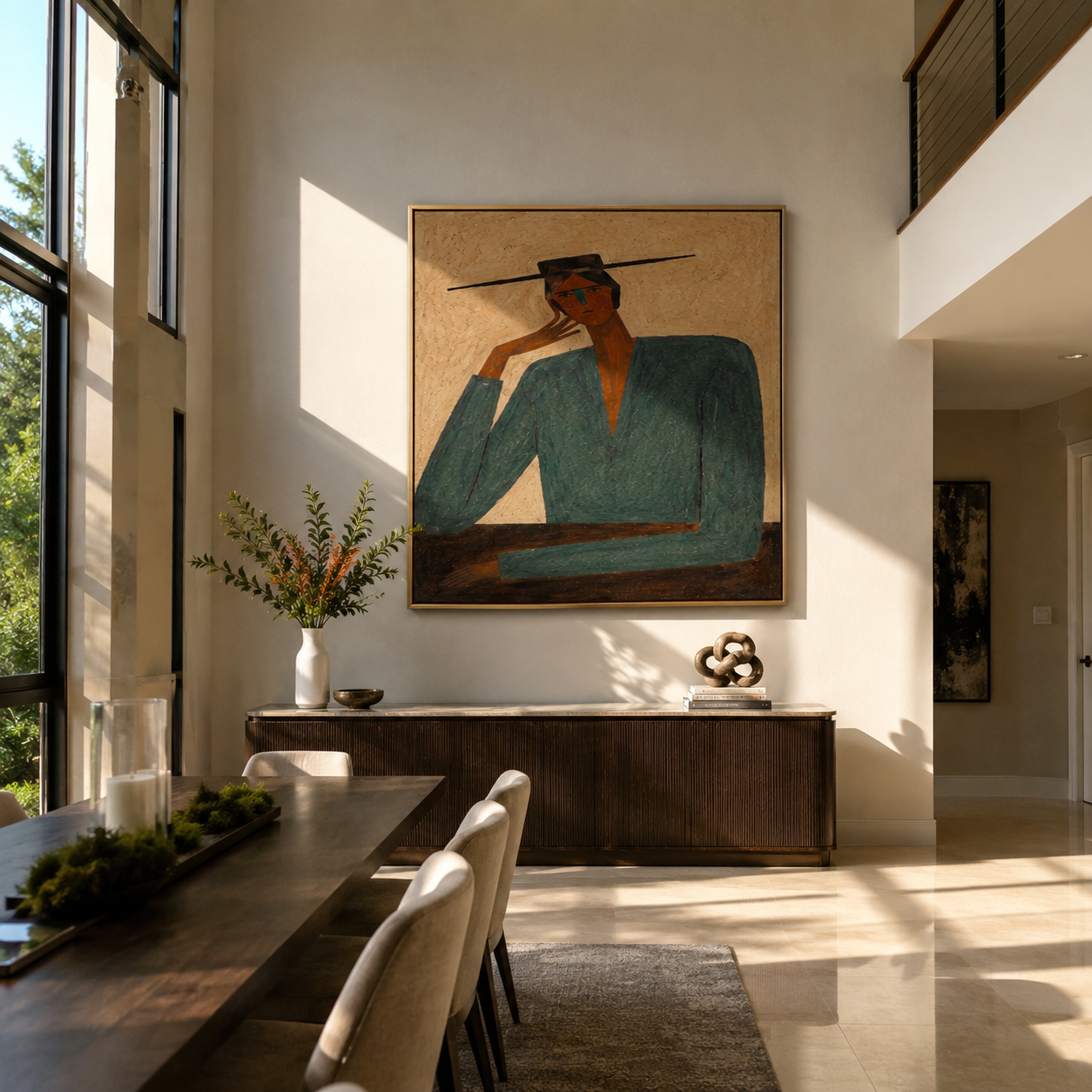Green Shoulders Frame Thought - green suit seated figure by Marcus Lau, Retro Modern square wall art – styled room scene view 4