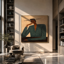 Green Shoulders Frame Thought - green suit seated figure by Marcus Lau, Retro Modern square wall art – styled room scene view 5