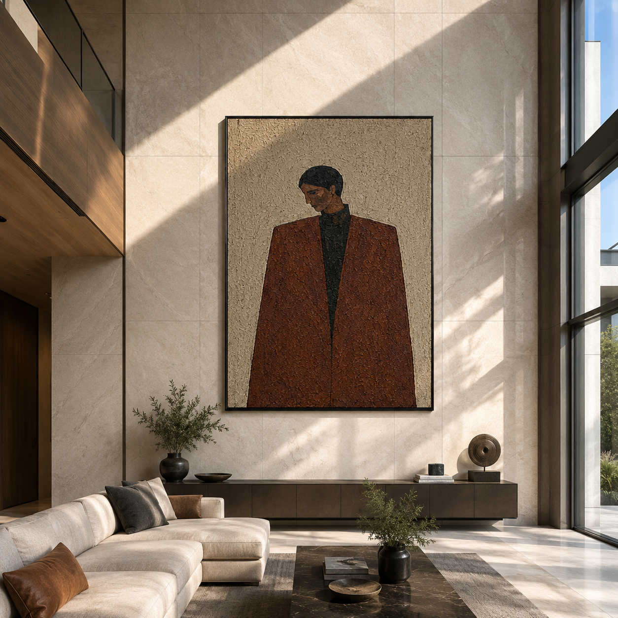 Brown Coat Faces Winter - brown coat man by Marcus Lau, Retro Modern vertical wall art – styled room scene view 1