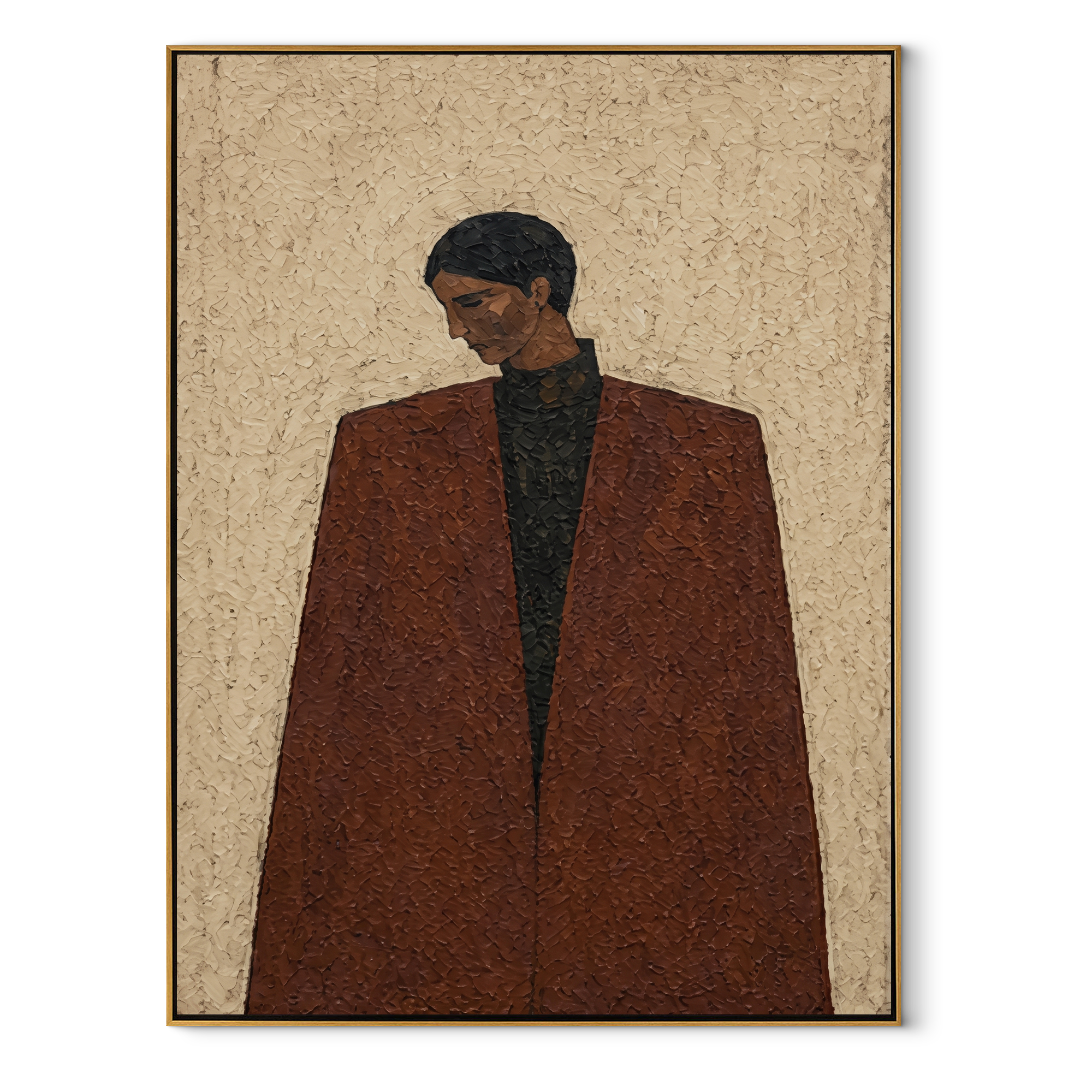 Brown Coat Faces Winter - brown coat man by Marcus Lau, Retro Modern vertical wall art – wood frame on white background
