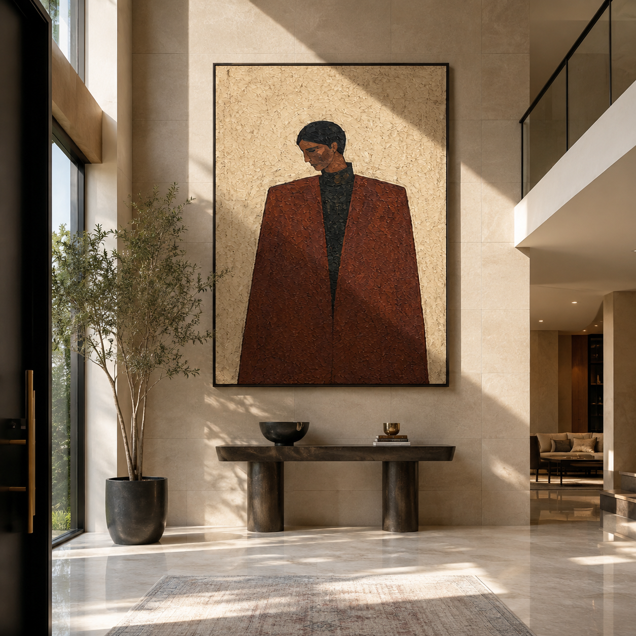 Brown Coat Faces Winter - brown coat man by Marcus Lau, Retro Modern vertical wall art – styled room scene view 2
