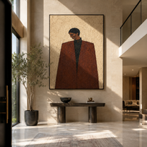 Brown Coat Faces Winter - brown coat man by Marcus Lau, Retro Modern vertical wall art – styled room scene view 2