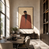 Brown Coat Faces Winter - brown coat man by Marcus Lau, Retro Modern vertical wall art – styled room scene view 3