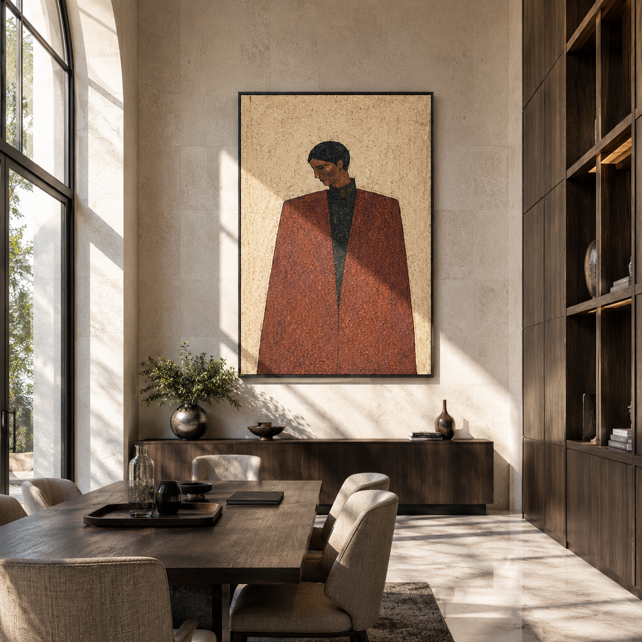 Brown Coat Faces Winter - brown coat man by Marcus Lau, Retro Modern vertical wall art – styled room scene view 3