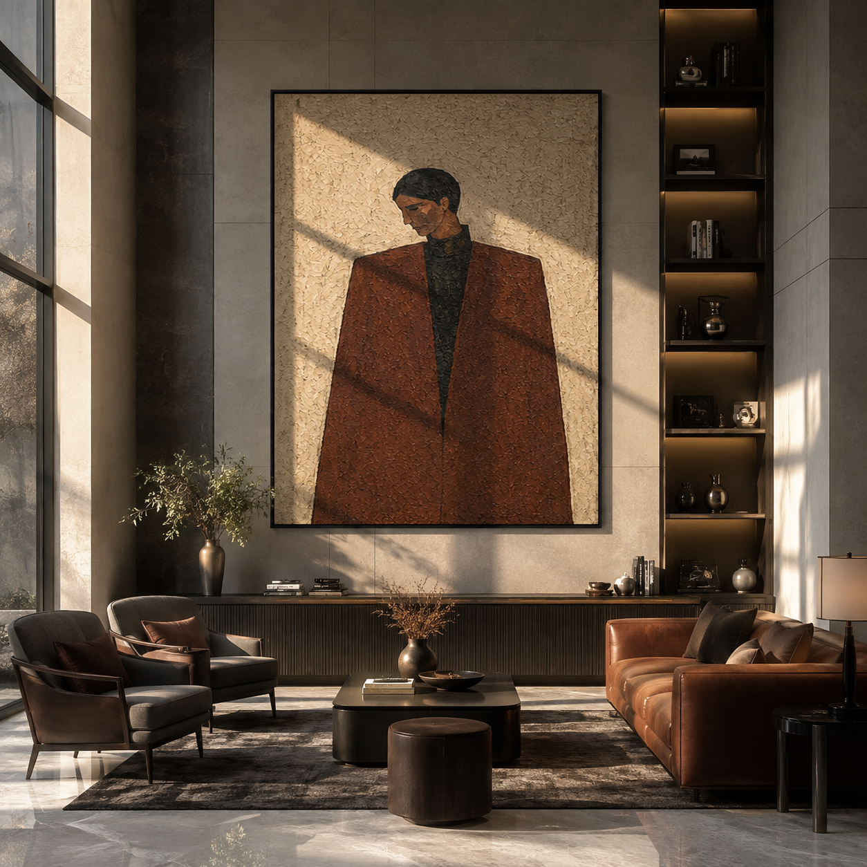 Brown Coat Faces Winter - brown coat man by Marcus Lau, Retro Modern vertical wall art – styled room scene view 4
