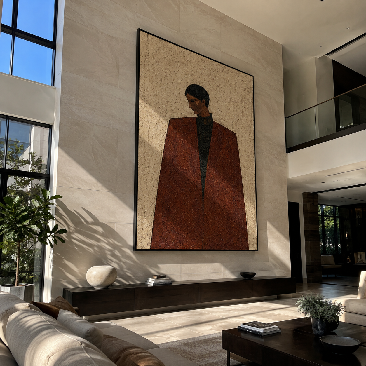 Brown Coat Faces Winter - brown coat man by Marcus Lau, Retro Modern vertical wall art – styled room scene view 5