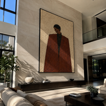 Brown Coat Faces Winter - brown coat man by Marcus Lau, Retro Modern vertical wall art – styled room scene view 5