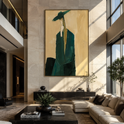 Teal Suit Carries Shadow - elongated teal suit figure by Marcus Lau, Retro Modern vertical wall art – styled room scene view 1