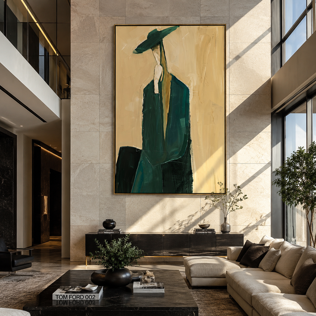 Teal Suit Carries Shadow - elongated teal suit figure by Marcus Lau, Retro Modern vertical wall art – styled room scene view 1