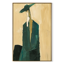 Teal Suit Carries Shadow - elongated teal suit figure by Marcus Lau, Retro Modern vertical wall art – wood frame on white background