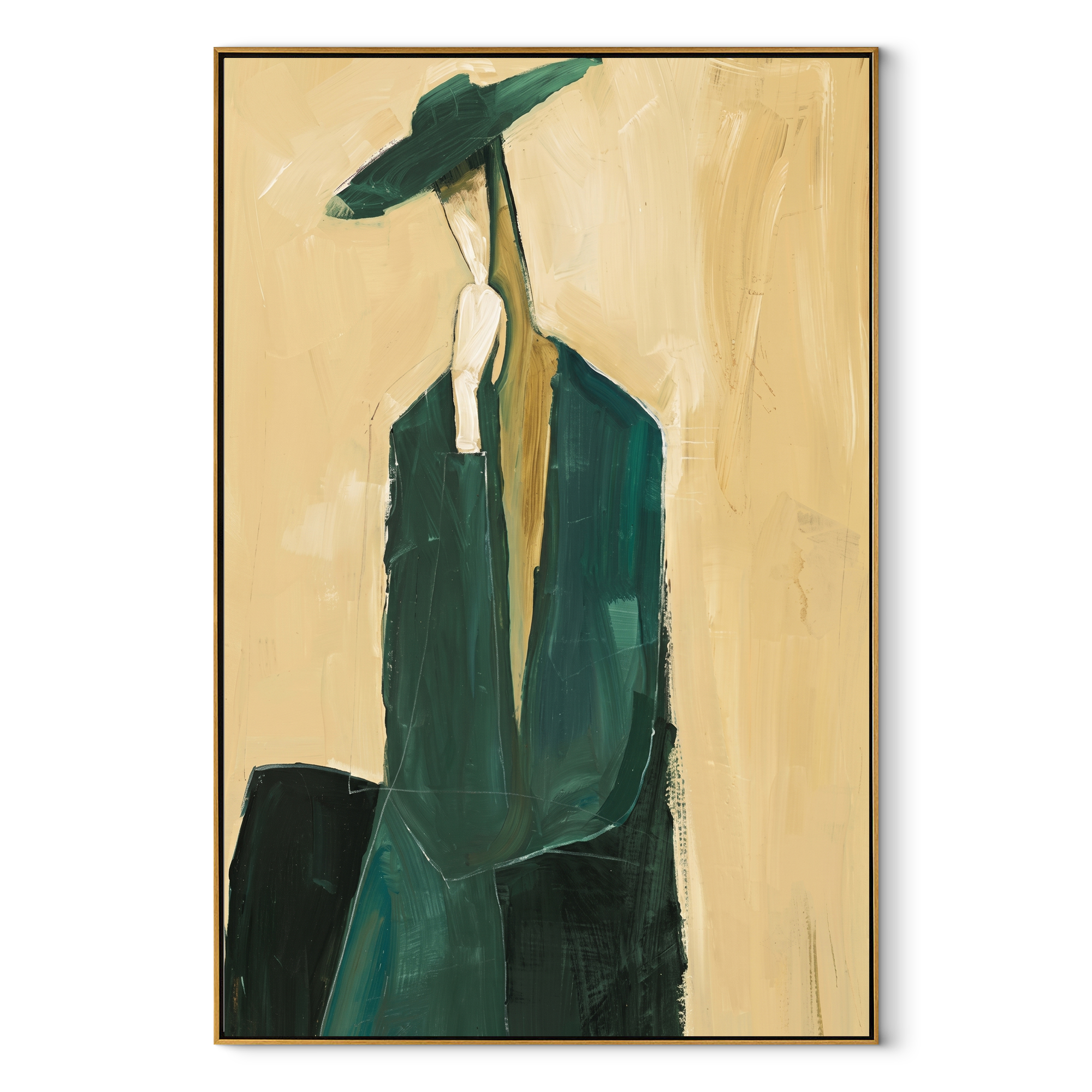 Teal Suit Carries Shadow - elongated teal suit figure by Marcus Lau, Retro Modern vertical wall art – wood frame on white background