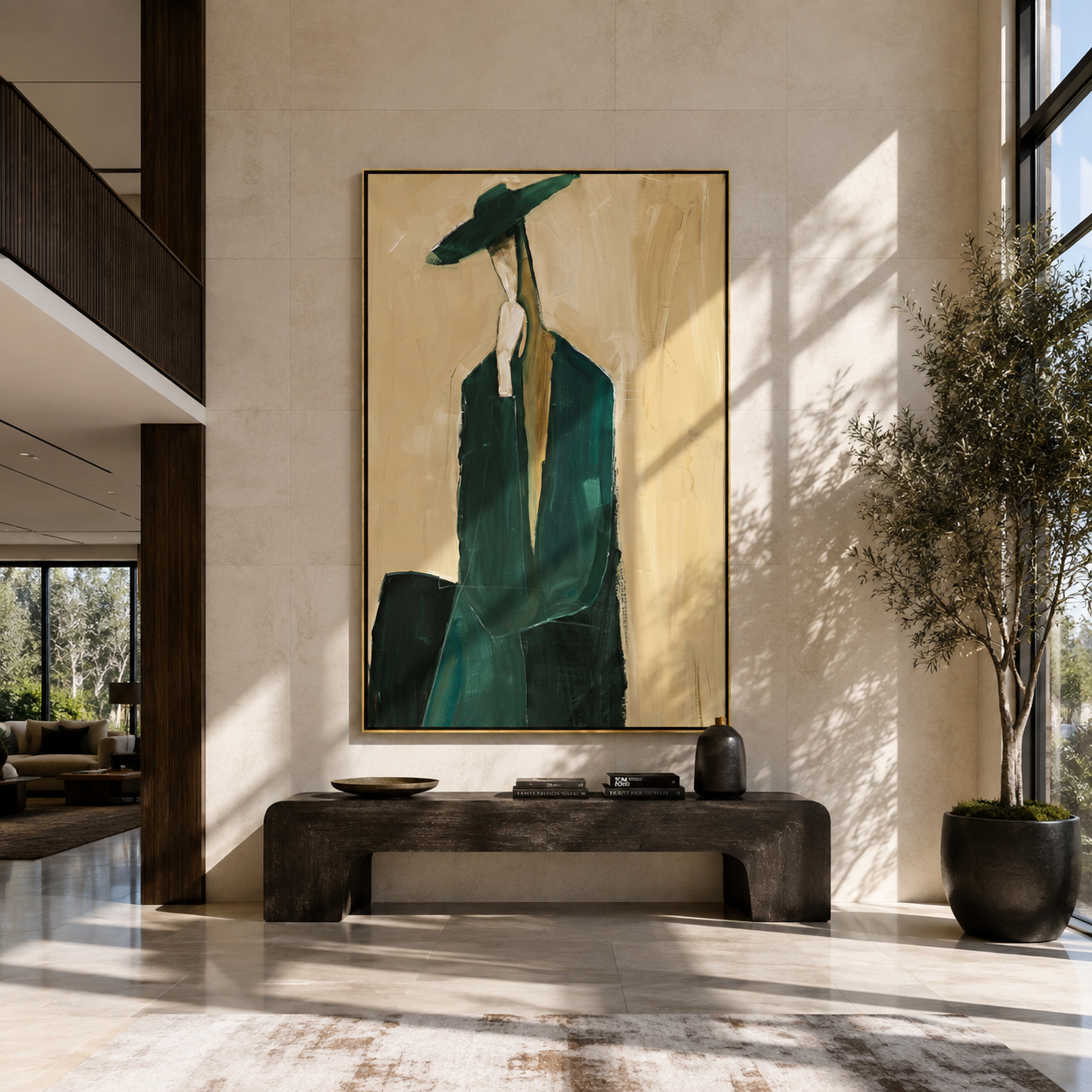 Teal Suit Carries Shadow - elongated teal suit figure by Marcus Lau, Retro Modern vertical wall art – styled room scene view 2