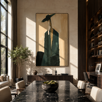 Teal Suit Carries Shadow - elongated teal suit figure by Marcus Lau, Retro Modern vertical wall art – styled room scene view 3