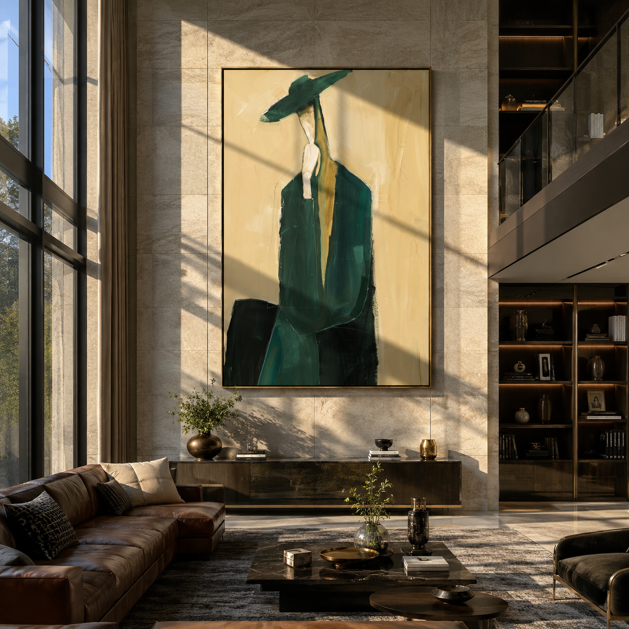 Teal Suit Carries Shadow - elongated teal suit figure by Marcus Lau, Retro Modern vertical wall art – styled room scene view 4