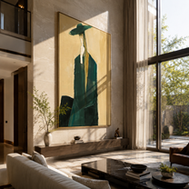 Teal Suit Carries Shadow - elongated teal suit figure by Marcus Lau, Retro Modern vertical wall art – styled room scene view 5