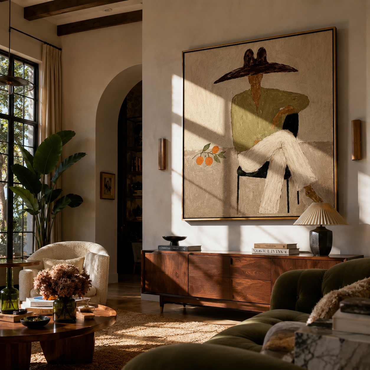 Orange Branch Keeps Company - seated green blouse figure by Marcus Lau, Retro Modern square wall art – styled room scene view 1