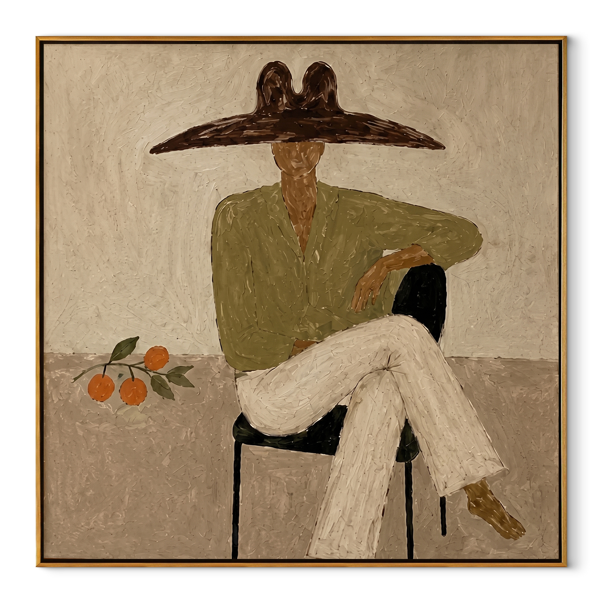 Orange Branch Keeps Company - seated green blouse figure by Marcus Lau, Retro Modern square wall art – wood frame on white background