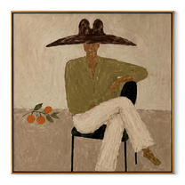 Orange Branch Keeps Company - seated green blouse figure by Marcus Lau, Retro Modern square wall art – wood frame on white background