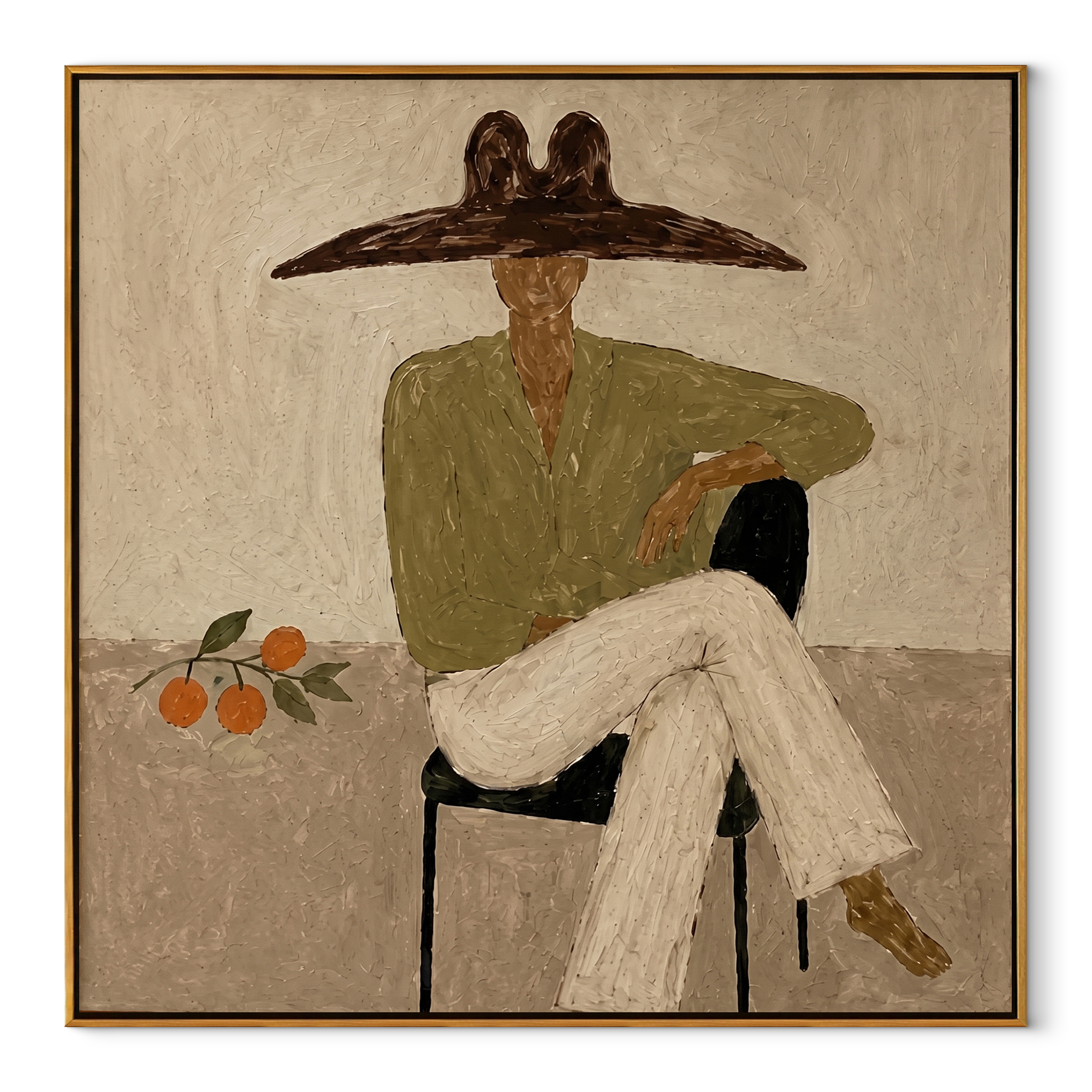 Orange Branch Keeps Company - seated green blouse figure by Marcus Lau, Retro Modern square wall art – wood frame on white background