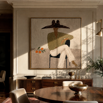 Orange Branch Keeps Company - seated green blouse figure by Marcus Lau, Retro Modern square wall art – styled room scene view 2