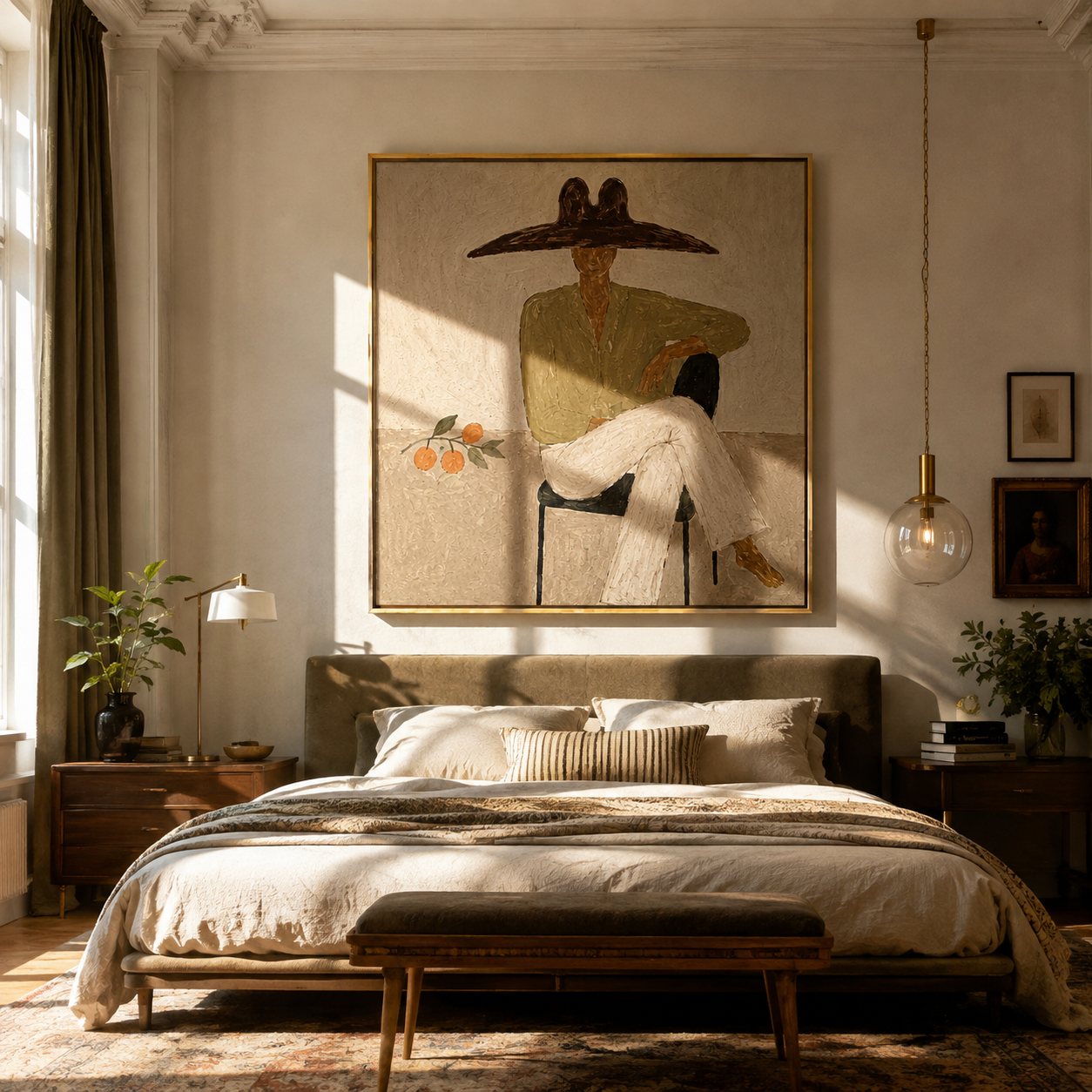 Orange Branch Keeps Company - seated green blouse figure by Marcus Lau, Retro Modern square wall art – styled room scene view 3