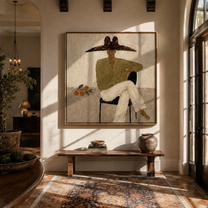 Orange Branch Keeps Company - seated green blouse figure by Marcus Lau, Retro Modern square wall art – styled room scene view 4