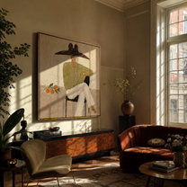 Orange Branch Keeps Company - seated green blouse figure by Marcus Lau, Retro Modern square wall art – styled room scene view 5