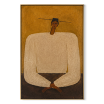 White Sleeves Fold Patience - monumental white shirt figure by Marcus Lau, Retro Modern vertical wall art – wood frame on white background