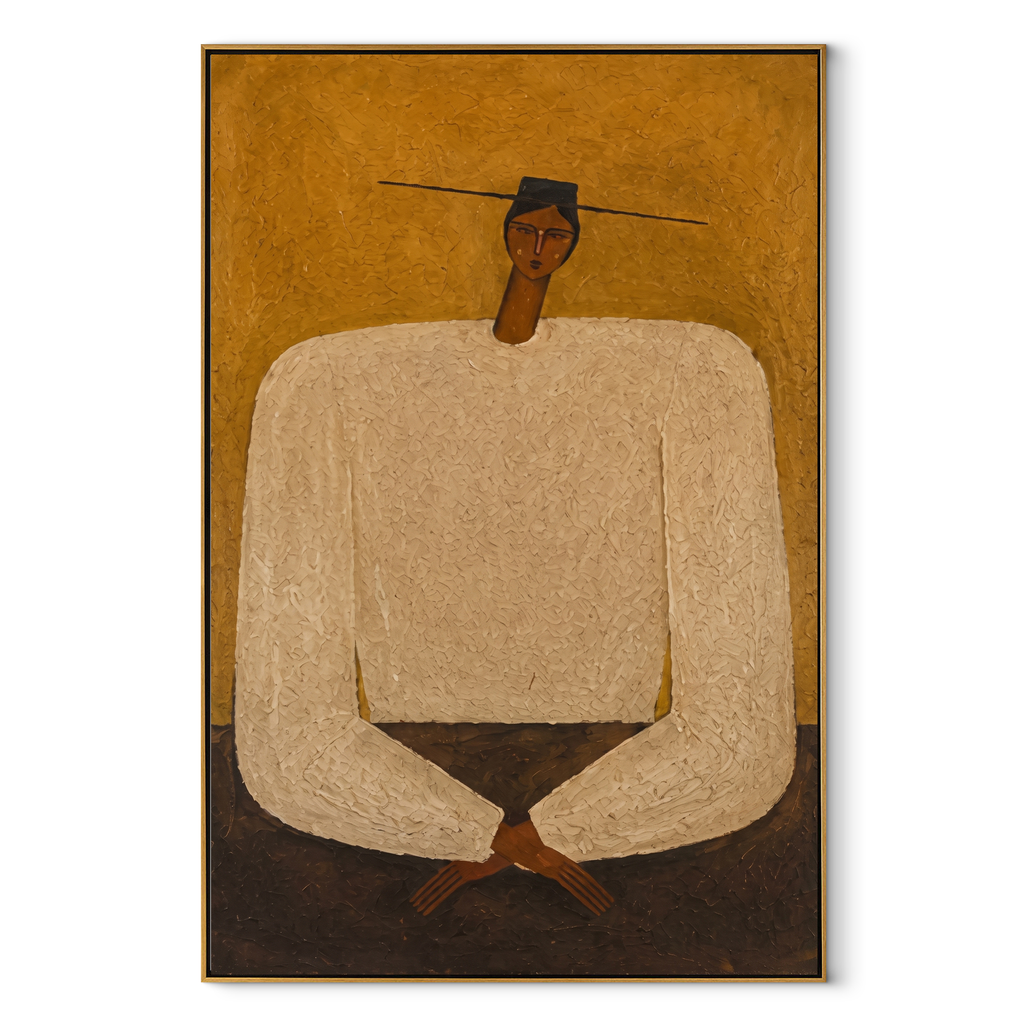 White Sleeves Fold Patience - monumental white shirt figure by Marcus Lau, Retro Modern vertical wall art – wood frame on white background
