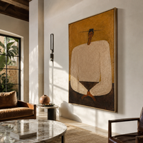 White Sleeves Fold Patience - monumental white shirt figure by Marcus Lau, Retro Modern vertical wall art – styled room scene view 2