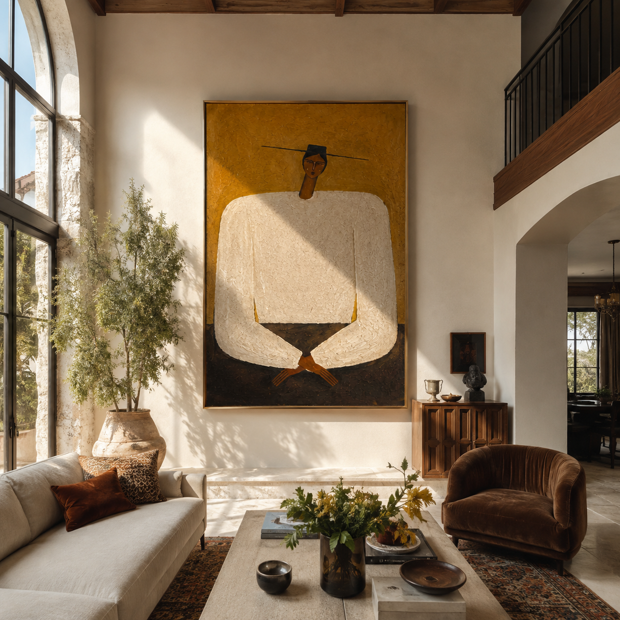 White Sleeves Fold Patience - monumental white shirt figure by Marcus Lau, Retro Modern vertical wall art – styled room scene view 3