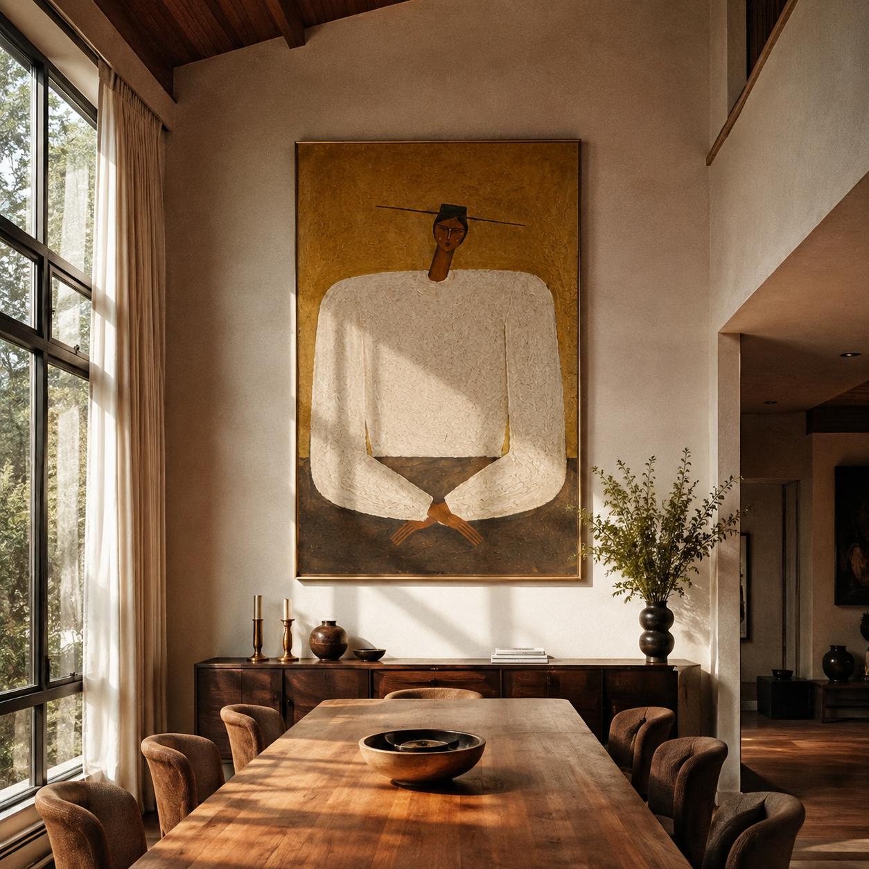 White Sleeves Fold Patience - monumental white shirt figure by Marcus Lau, Retro Modern vertical wall art – styled room scene view 4