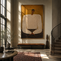 White Sleeves Fold Patience - monumental white shirt figure by Marcus Lau, Retro Modern vertical wall art – styled room scene view 5