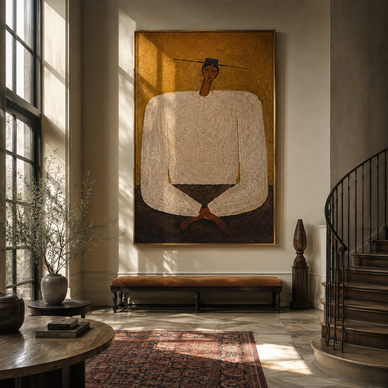 White Sleeves Fold Patience - monumental white shirt figure by Marcus Lau, Retro Modern vertical wall art – styled room scene view 5