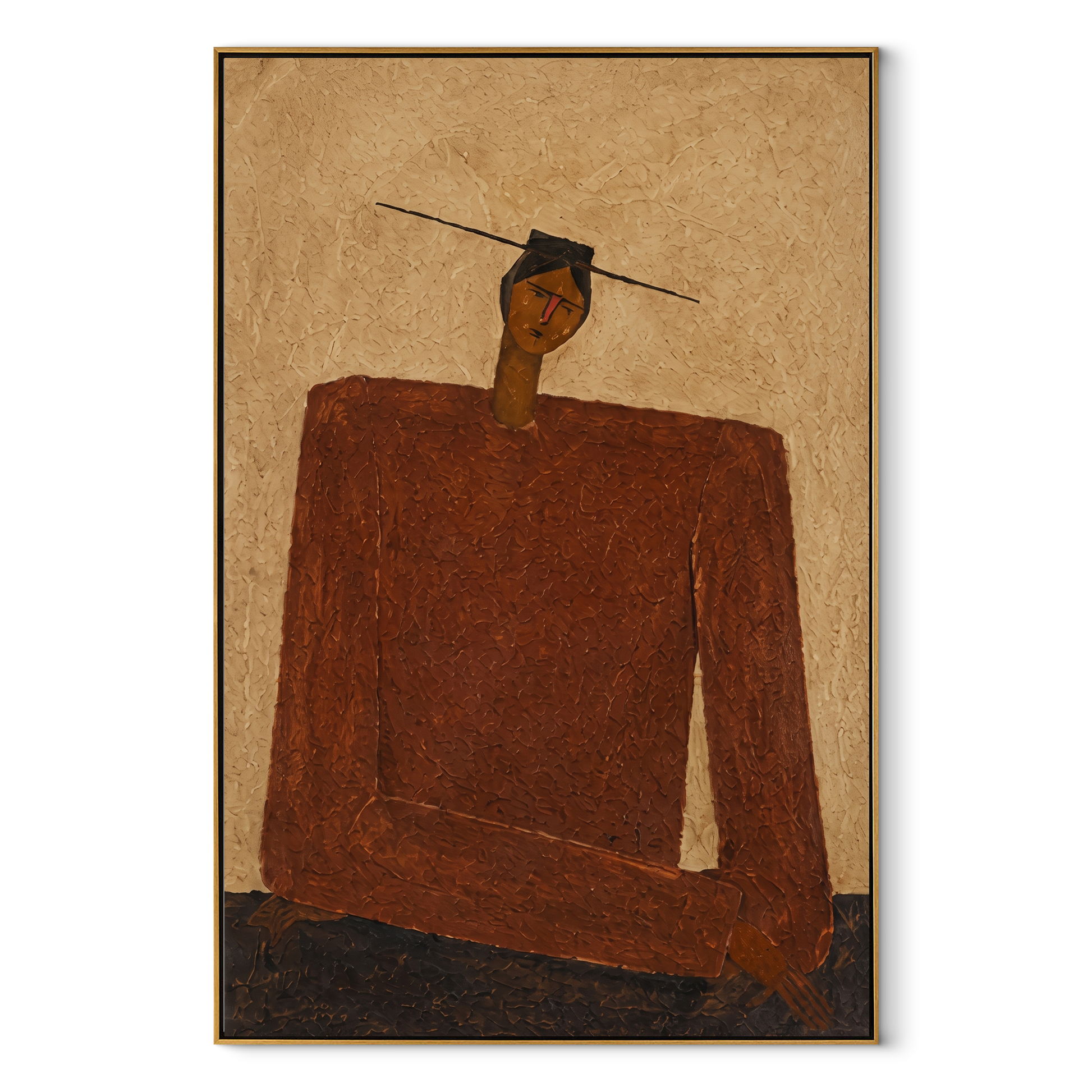 Rust Shoulders Hold Ground - monumental rust jacket figure by Marcus Lau, Retro Modern vertical wall art – wood frame on white background