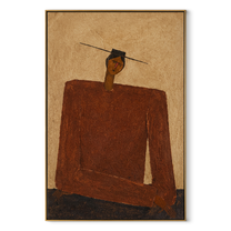 Rust Shoulders Hold Ground - monumental rust jacket figure by Marcus Lau, Retro Modern vertical wall art – wood frame on white background