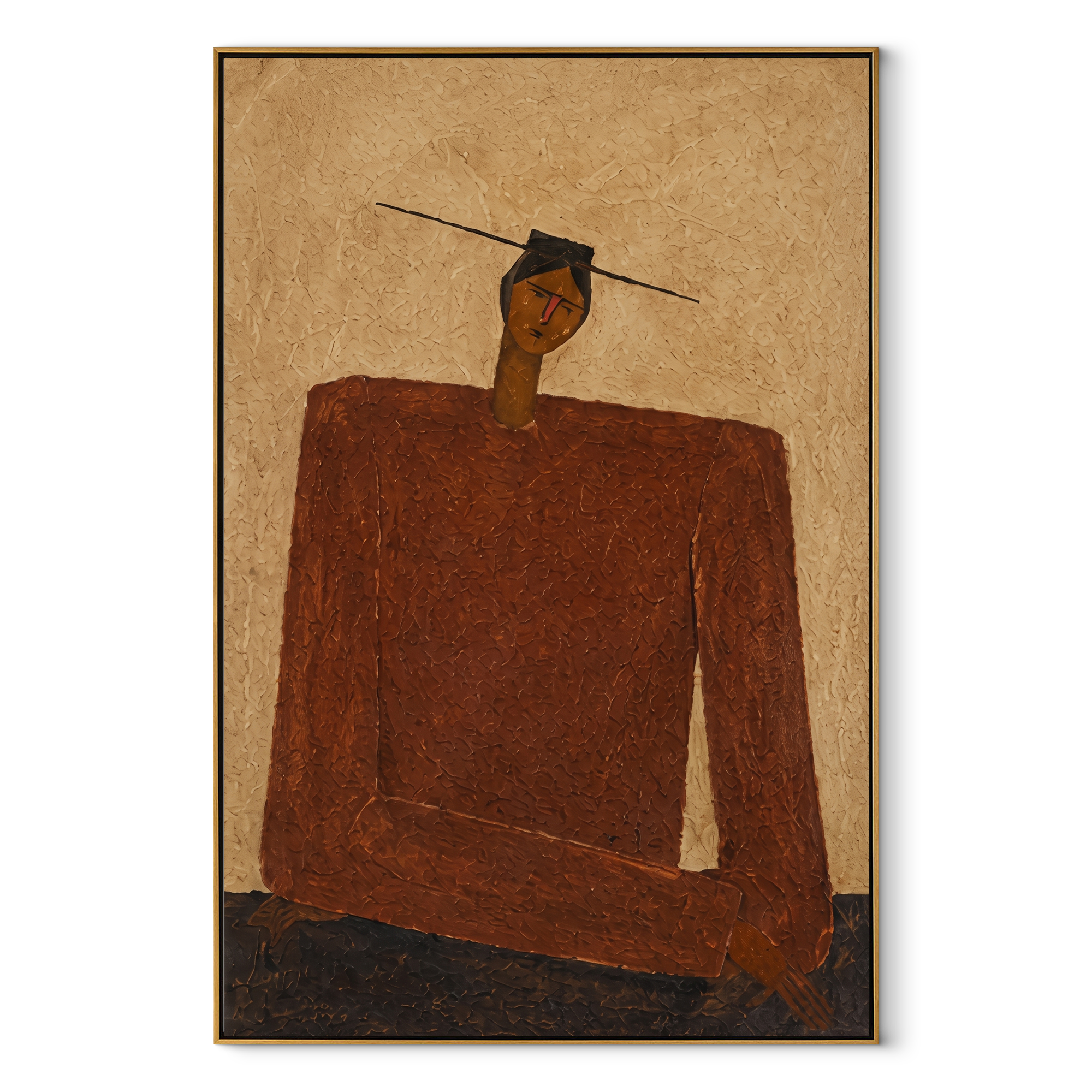 Rust Shoulders Hold Ground - monumental rust jacket figure by Marcus Lau, Retro Modern vertical wall art – wood frame on white background