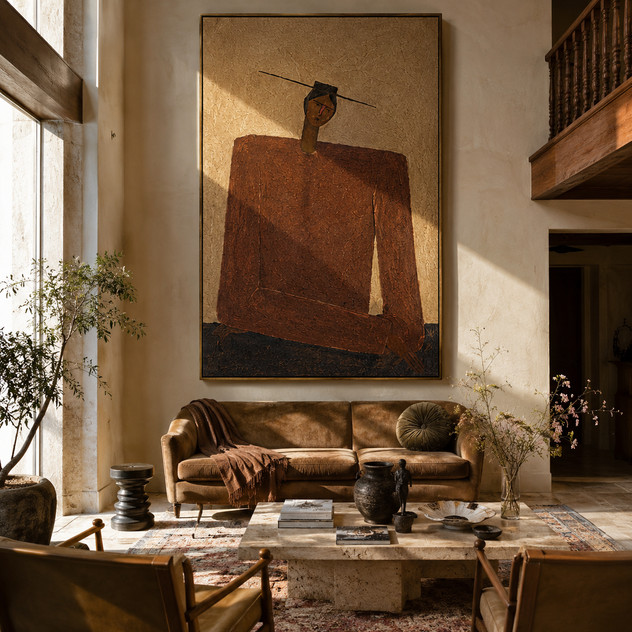 Rust Shoulders Hold Ground - monumental rust jacket figure by Marcus Lau, Retro Modern vertical wall art – styled room scene view 2