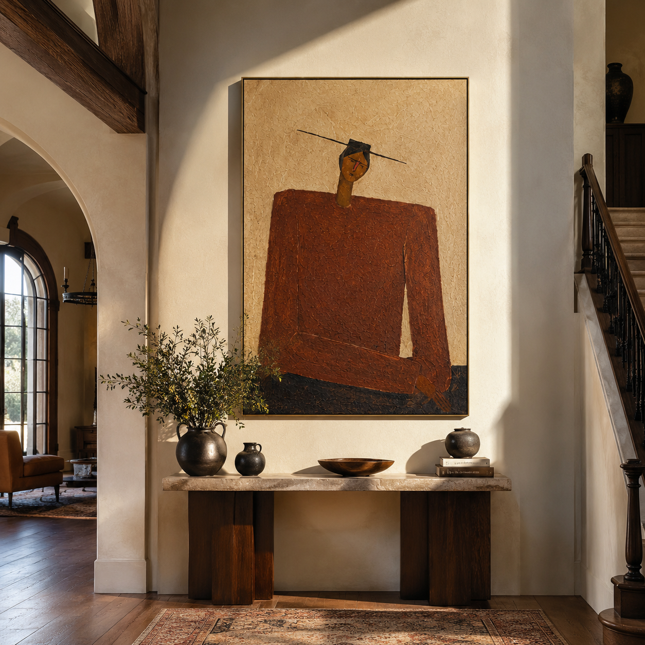 Rust Shoulders Hold Ground - monumental rust jacket figure by Marcus Lau, Retro Modern vertical wall art – styled room scene view 3