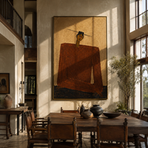 Rust Shoulders Hold Ground - monumental rust jacket figure by Marcus Lau, Retro Modern vertical wall art – styled room scene view 4