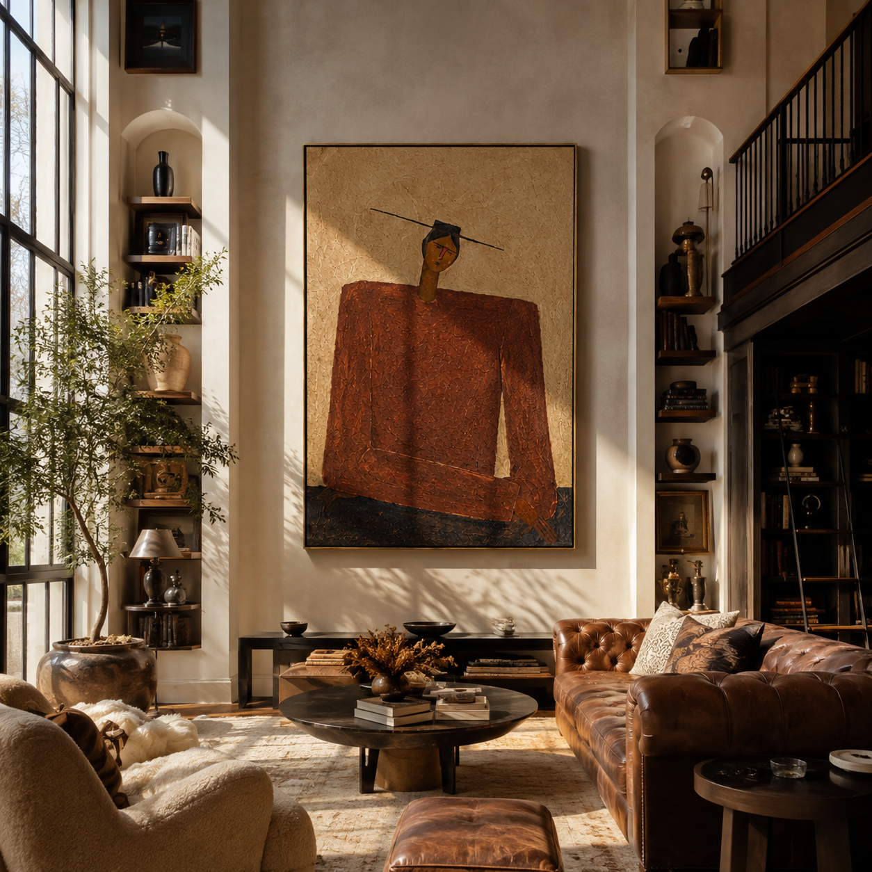 Rust Shoulders Hold Ground - monumental rust jacket figure by Marcus Lau, Retro Modern vertical wall art – styled room scene view 5
