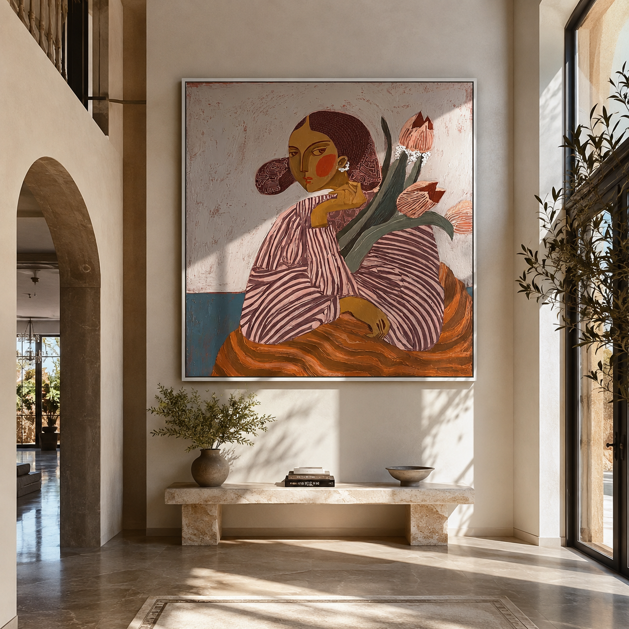 Tulips Lean Toward Her - striped woman with tulips by Marcus Lau, Retro Modern square wall art – styled room scene view 1