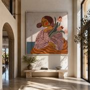 Tulips Lean Toward Her - striped woman with tulips by Marcus Lau, Retro Modern square wall art – styled room scene view 1