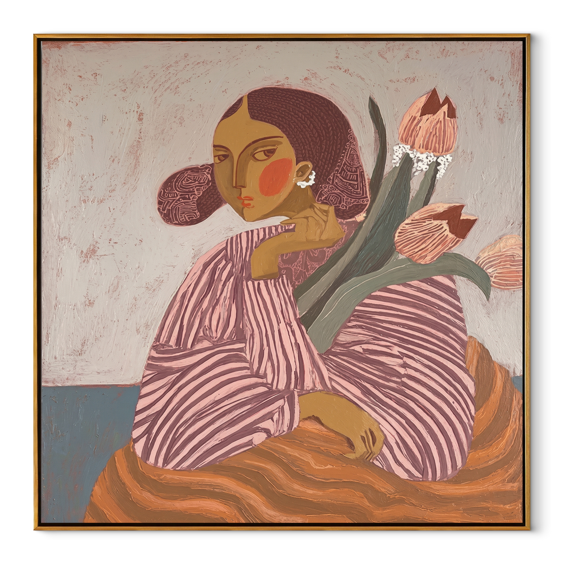 Tulips Lean Toward Her - striped woman with tulips by Marcus Lau, Retro Modern square wall art – wood frame on white background
