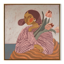 Tulips Lean Toward Her - striped woman with tulips by Marcus Lau, Retro Modern square wall art – wood frame on white background