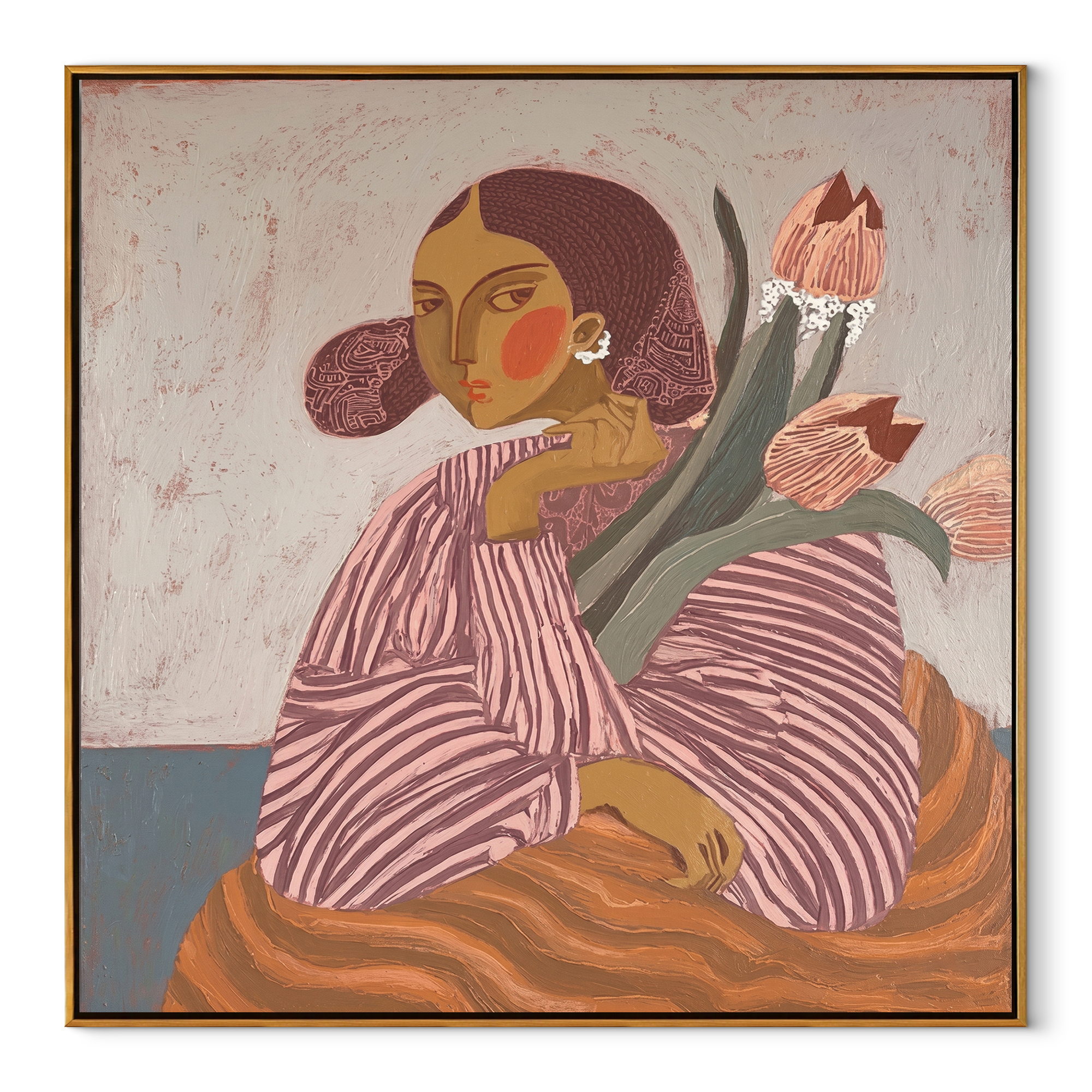 Tulips Lean Toward Her - striped woman with tulips by Marcus Lau, Retro Modern square wall art – wood frame on white background