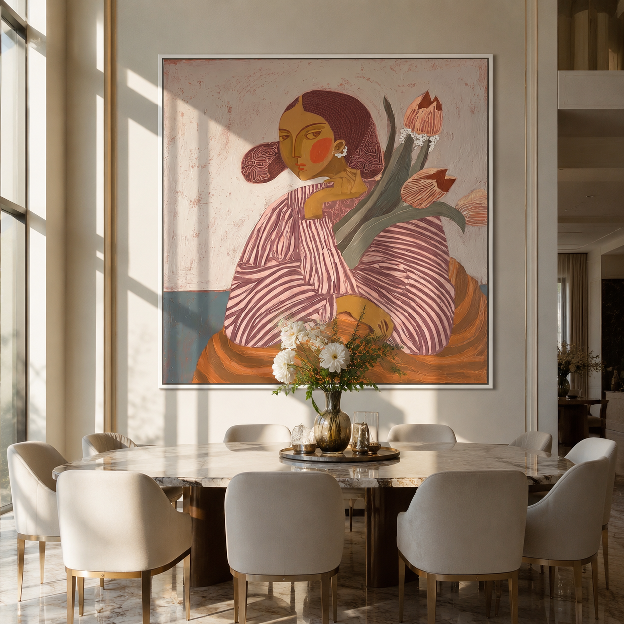 Tulips Lean Toward Her - striped woman with tulips by Marcus Lau, Retro Modern square wall art – styled room scene view 2